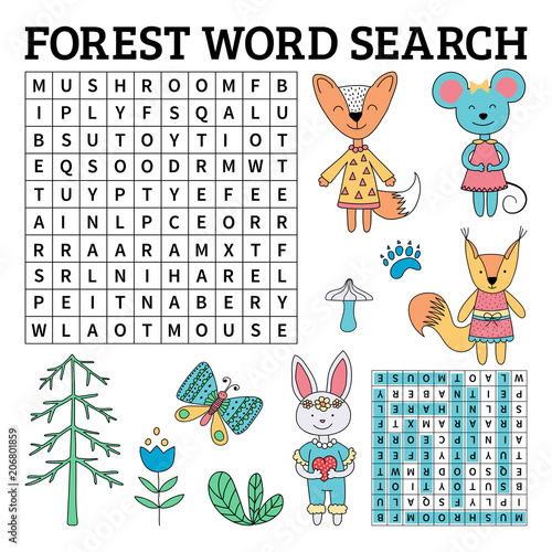 Forest word search game for kids in vector