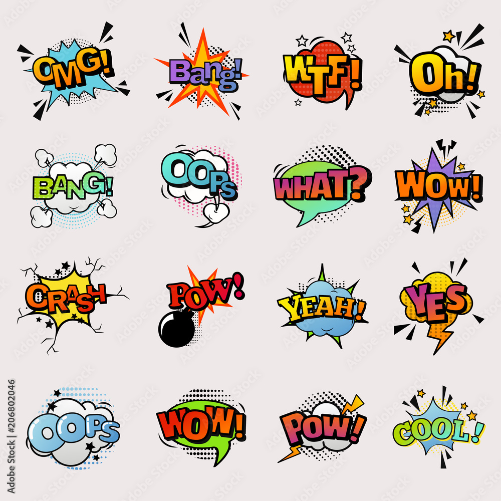 Pop art comic vector speech bubbles popart style in humor bubbling expression asrtistic comics shapes isolated on white background illustration