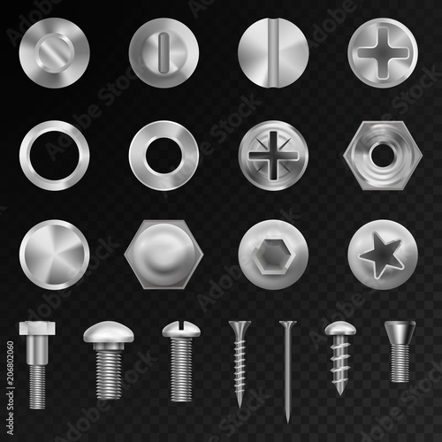 Screw vector steel bolts nuts and metal rivet screwing chrome head bolts construction elements isolated illustration
