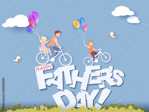 Handsome man and his children bicycling with air balloons. Happy fathers day card. Paper cut style. Vector illustration