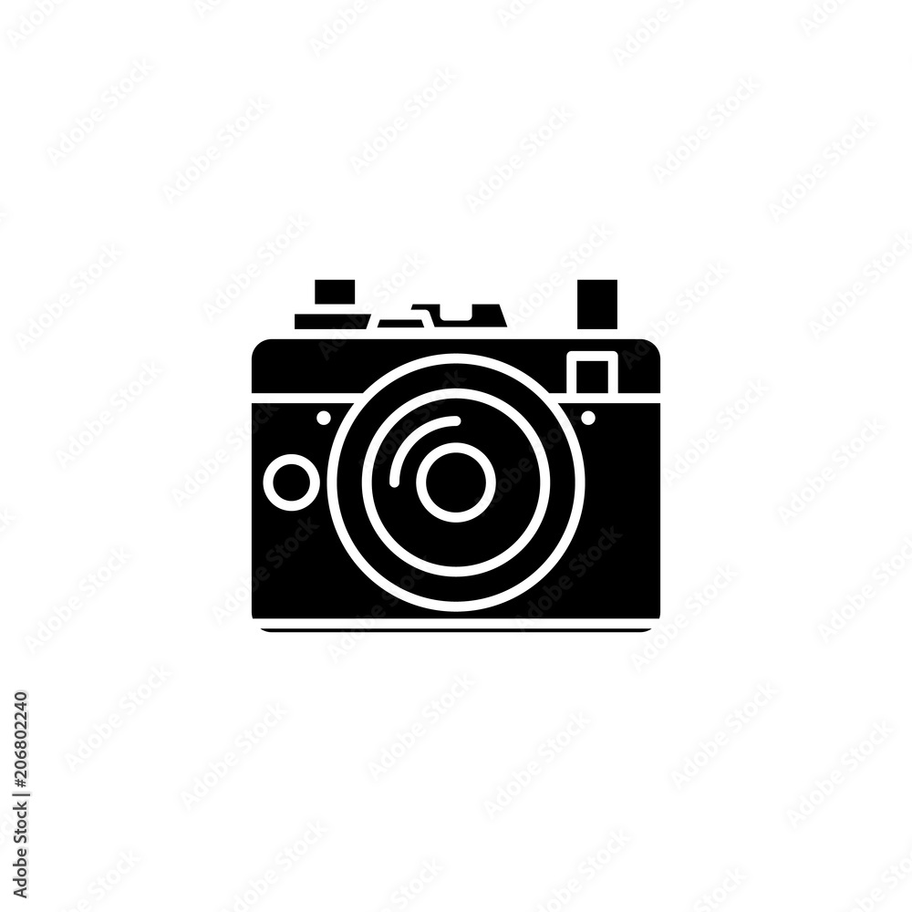 Film camera black icon concept. Film camera flat vector symbol, sign, illustration. Film camera black icon concept. Film camera flat vector symbol, sign, illustration.