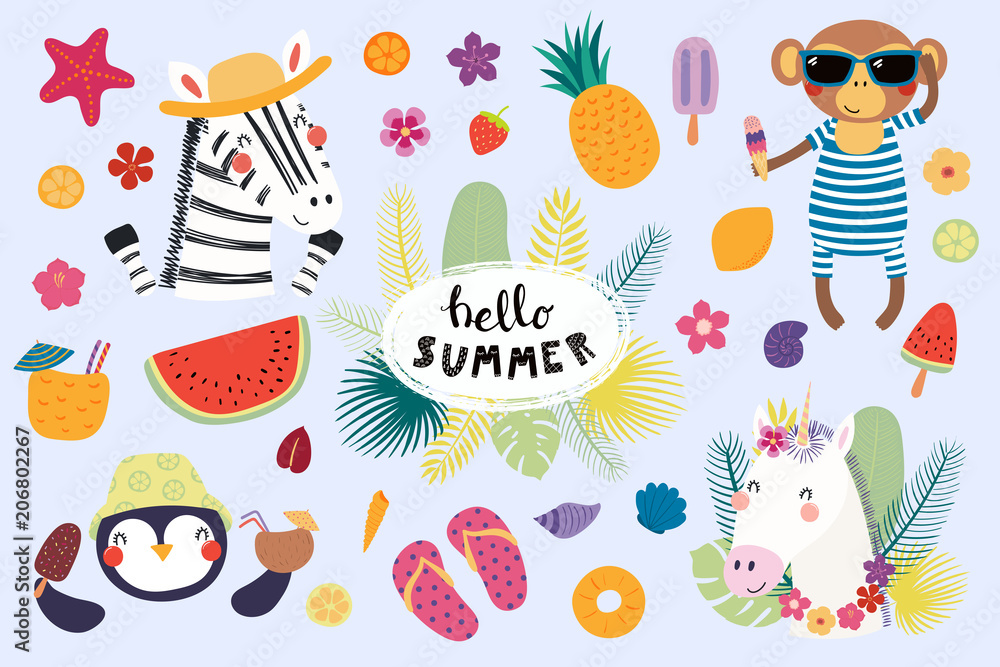 Big set of cute funny animals and summer design elements and quotes. Isolated objects on white background. Vector illustration. Scandinavian style flat design. Concept for children print.