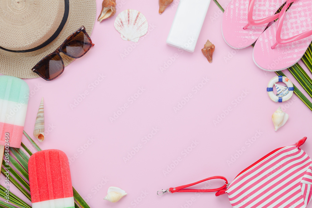 Table top view aerial image of fashion to travel in summer holiday   lay accessories clothing for  to sea or  beach on modern rustic pink paper  for content. Stock Photo |
