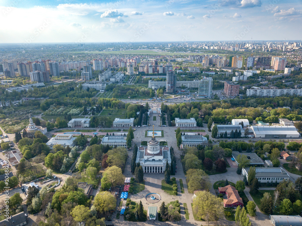 Panorama of the city of Kiev and the Exhibition Center against the sky in the spring. Photo from the drone