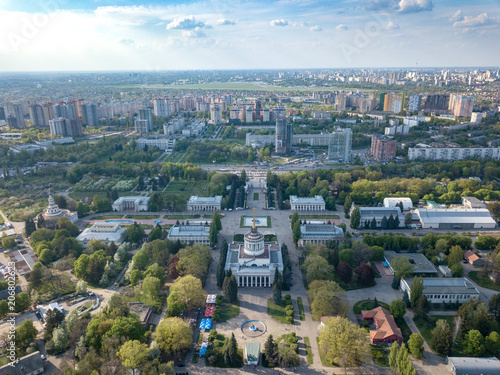 Panorama of the city of Kiev and the Exhibition Center against the sky in the spring. Photo from the drone