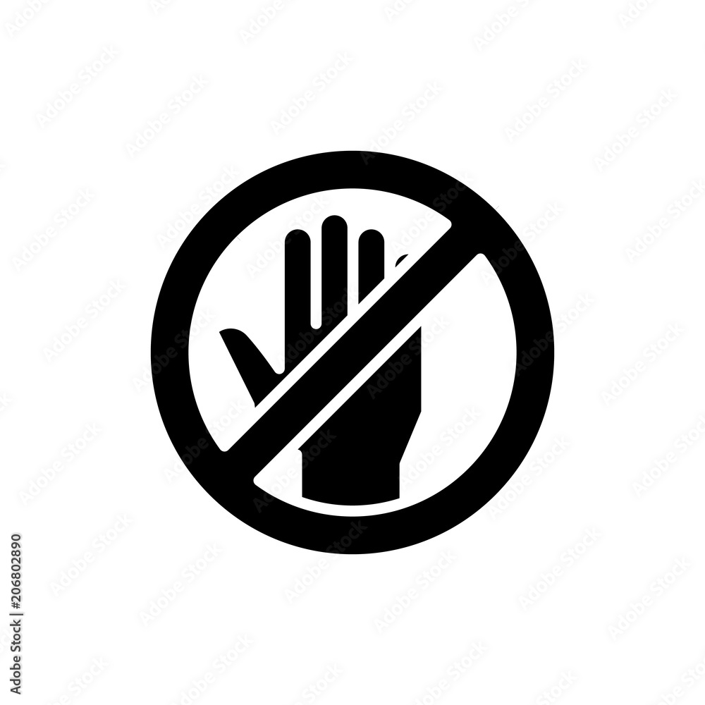 Forbidden to touch black icon concept. Forbidden to touch flat vector symbol, sign, illustration. Forbidden to touch black icon concept. Forbidden to touch flat vector symbol, sign, illustration.