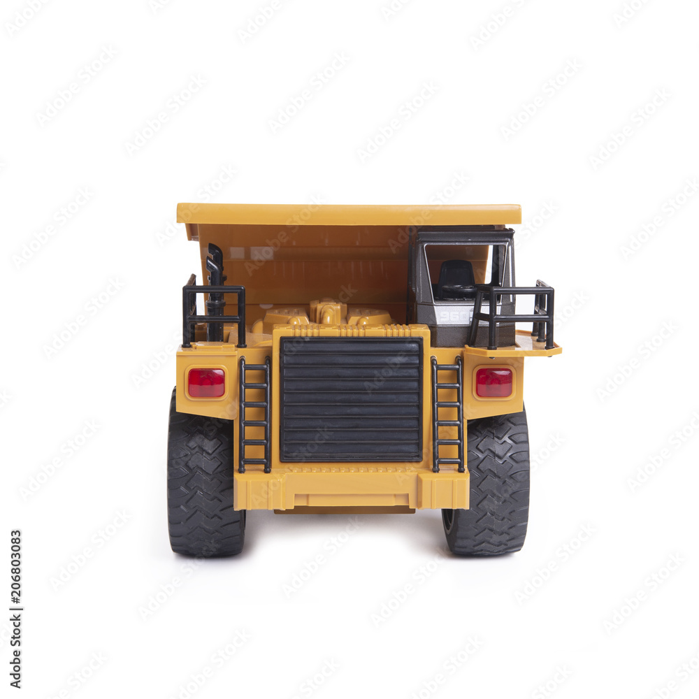 Front view of yellow truck toy model.