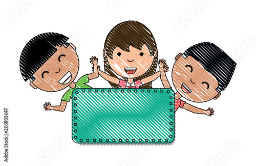 cartoon happy kids with decorative empty banner over white background, colorful design. vector illustration