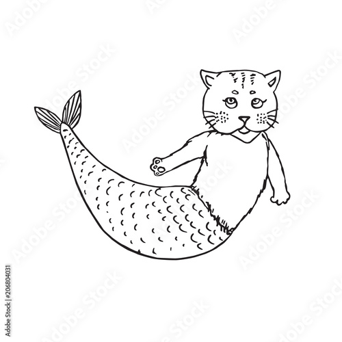 Mermaid cat, hand drawn outline doodle sketch, black and white vector illustration