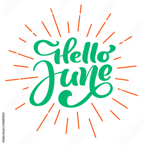 Hello june lettering print vector text. Summer minimalistic illustration. Isolated calligraphy phrase on white background