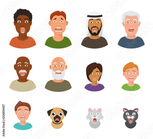 Scared people face vector frightened characters scary in panic and afraid nervous man, boy, cat and dog animals facial illustration isolated on white background