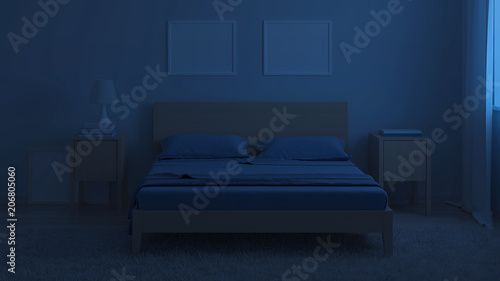 Bedroom interior in cold tones. Night lighting. 3D rendering.