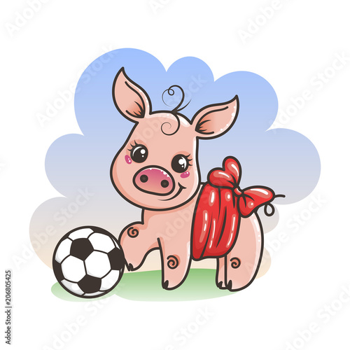 Cute cartoon pig with a soccer ball. Vector illustration.