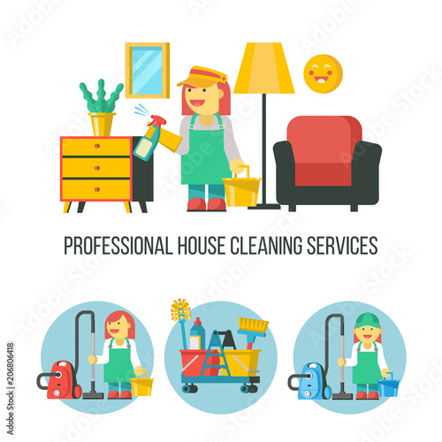 Cleaning service. Set of vector emblems.