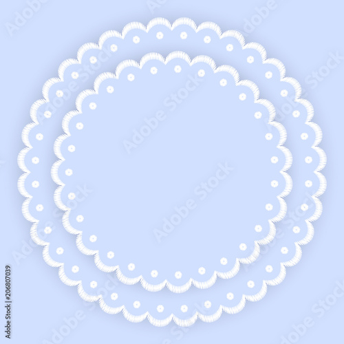 Blue and white scalloped lacy edge embroidery circle doilies, card template, vector