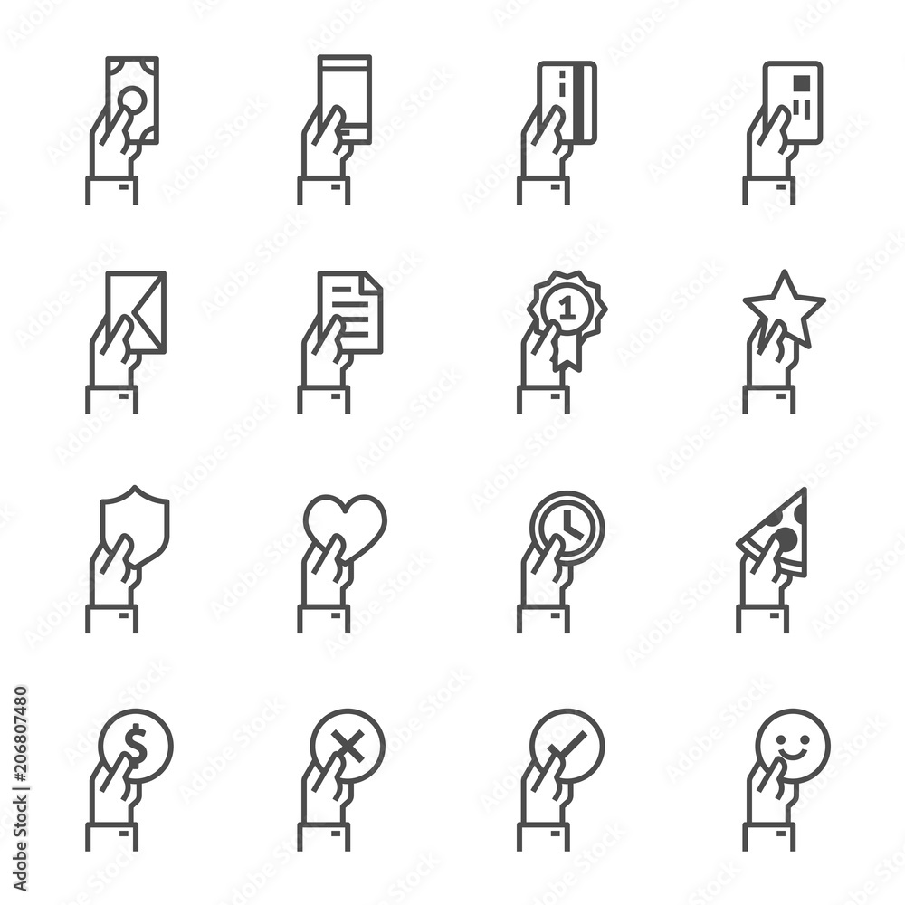 Hand Offering line icon set. Included the icons as give cash, credit card, mobile, document, smile, award, heart and more. Hand Offering line icon set. Included the icons as give cash, credit card, mobile, document, smile, award, heart and more.