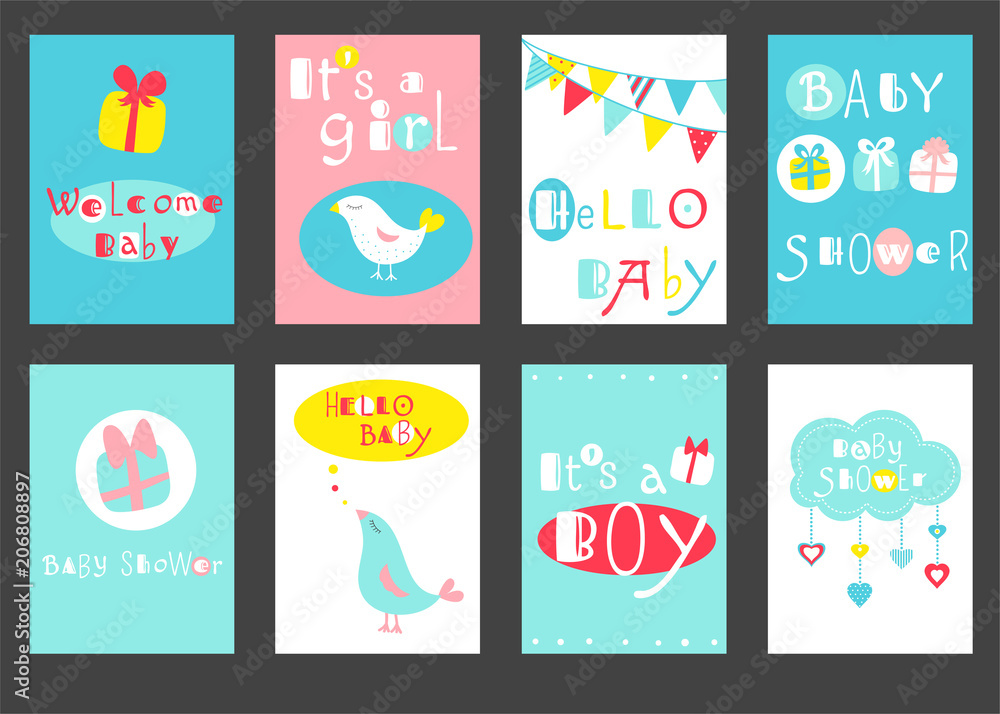 Set of birthday banners with cute birds