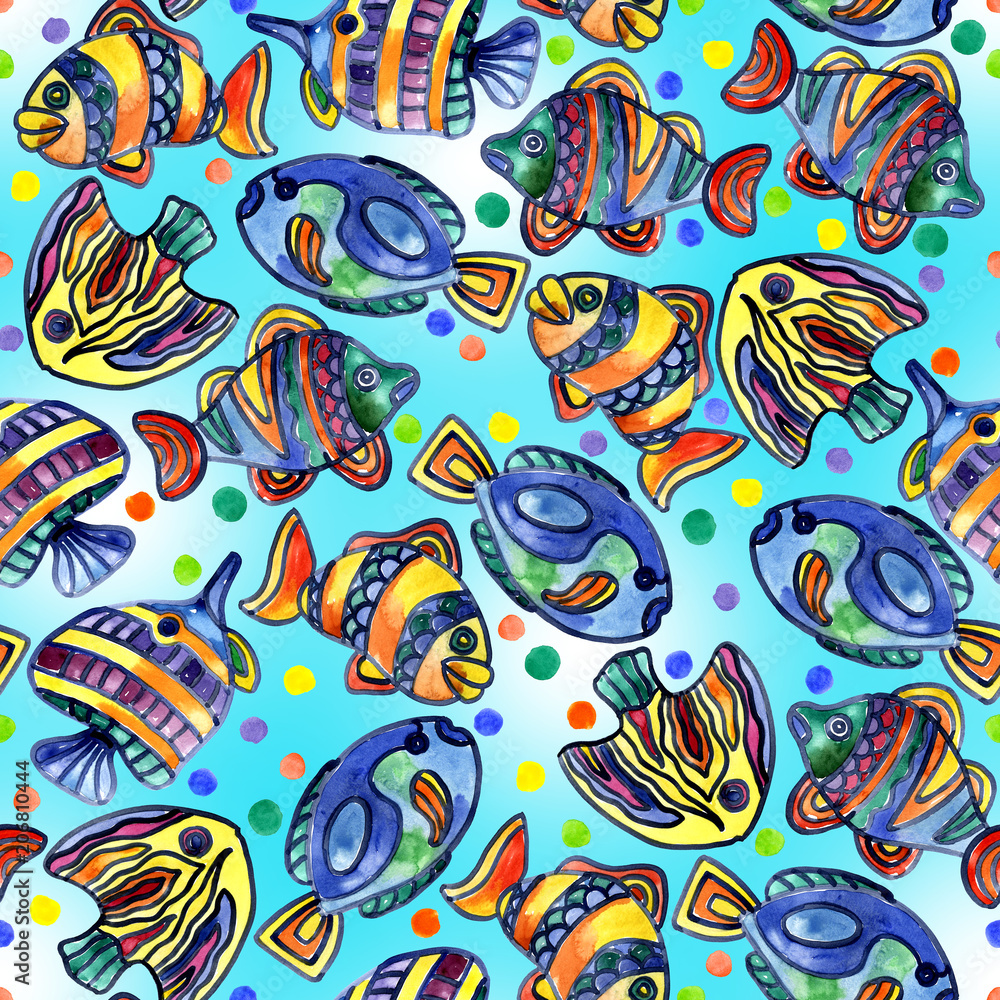 Aquarium, river, lake, merry, rainbow, colorful fish in the water. Watercolor. Illustration Aquarium, river, lake, merry, rainbow, colorful fish in the water. Watercolor. Illustration