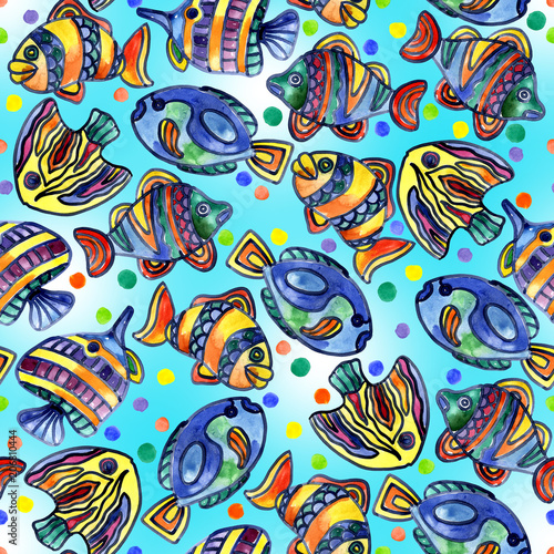 Wallpaper Mural Aquarium, river, lake, merry, rainbow, colorful fish in the water. Watercolor. Illustration Torontodigital.ca