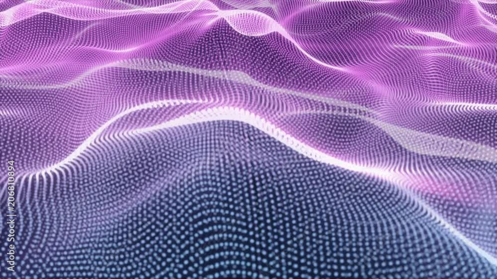 Abstract loopable blue and violet cg motion waving dots texture with glowing defocused particles. Cyber or technology digital landscape background. 3840x2160 4k uhd Abstract loopable blue and violet cg motion waving dots texture with glowing defocused particles. Cyber or technology digital landscape background. 3840x2160 4k uhd
