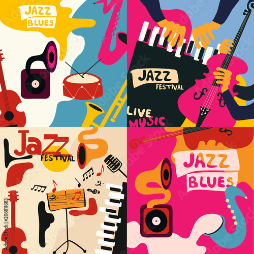 Set of music cards and banners. Music cards with instruments flat vector illustration. Jazz music festival banners. Colorful jazz concert posters