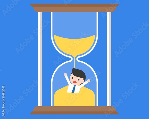 Businessman flooded in hourglass, flat design time management concept
