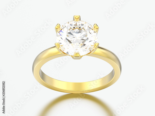 3D illustration yellow gold traditional solitaire engagement diamond ring