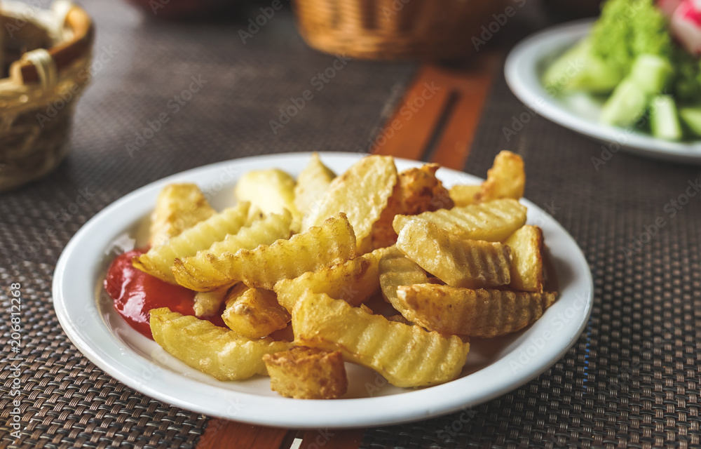 French fries with sauce in white plate French fries with sauce in white plate