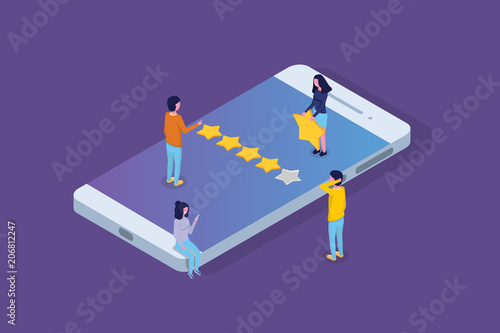 Customer review, Usability Evaluation,  Feedback,  Rating system isometric concept. Vector illustration