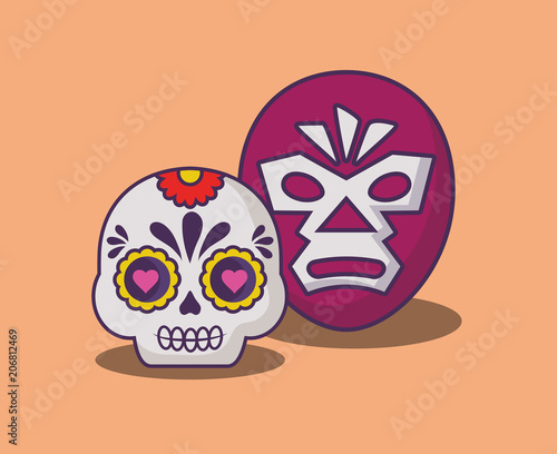 wrestler mask and sugar skull over orange background, colorful design. vector illustration