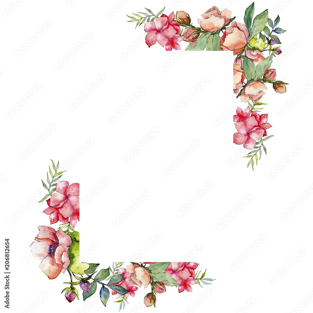 Pink bouquet wildflower. Frame border ornament square. Aquarelle wildflower for background, texture, wrapper pattern, frame or border. Pink bouquet wildflower. Frame border ornament square. Aquarelle wildflower for background, texture, wrapper pattern, frame or border.