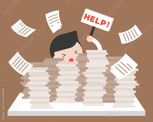 Businessman in pile of documents asking for help, over workload flat illustration