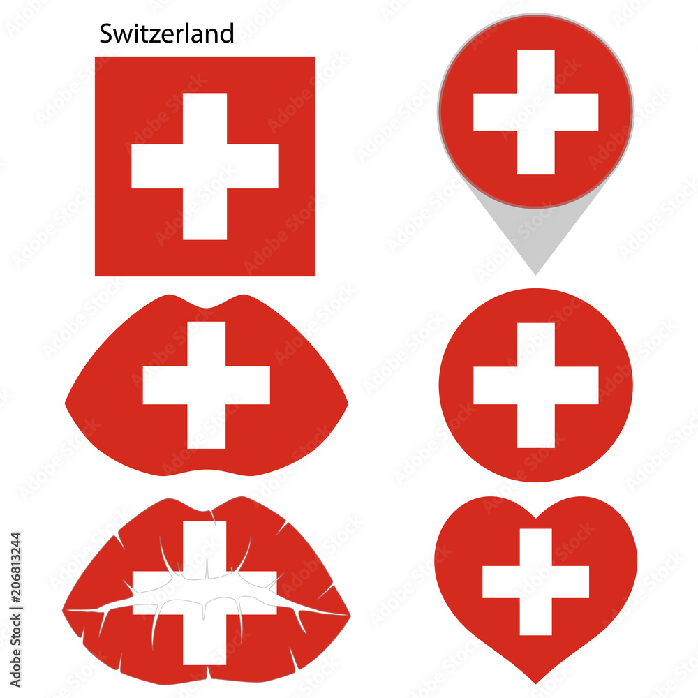 Flag of Switzerland, set. Correct proportions, lips, imprint of kiss, map pointer, heart, icon. Abstract concept. Vector illustration on white background. Flag of Switzerland, set. Correct proportions, lips, imprint of kiss, map pointer, heart, icon. Abstract concept. Vector illustration on white background.