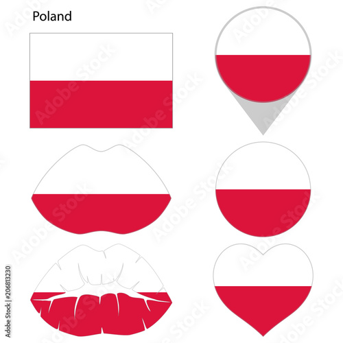 Flag of Poland, set. Correct proportions, lips, imprint of kiss, map pointer, heart, icon. Abstract concept. Vector illustration on white background.