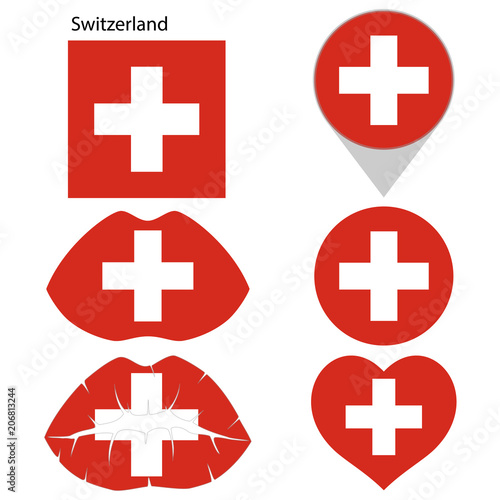 Flag of Switzerland, set. Correct proportions, lips, imprint of kiss, map pointer, heart, icon. Abstract concept. Vector illustration on white background.