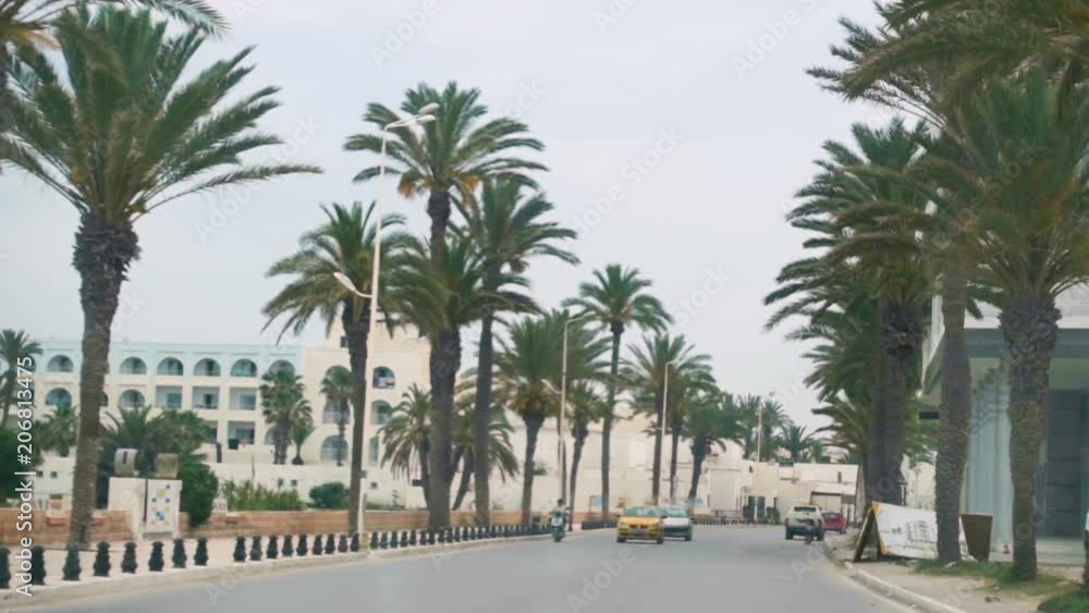 Car drive through central part of the ancient city of Mahdia in Tunisia. Driving along the embankment of the Mediterranean Sea in Tunisia. Along the road are date palms. Car drive through central part of the ancient city of Mahdia in Tunisia. Driving along the embankment of the Mediterranean Sea in Tunisia. Along the road are date palms.