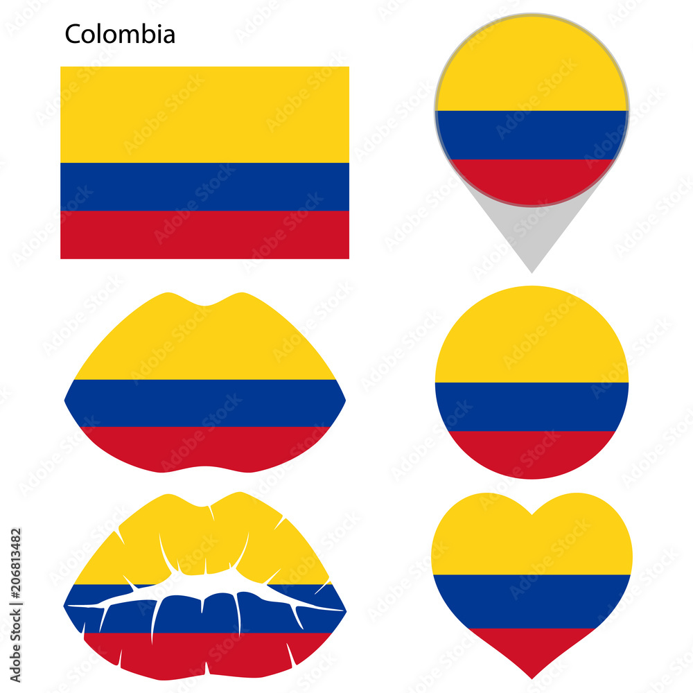 Flag of Colombia, set. Correct proportions, lips, imprint of kiss, map pointer, heart, icon. Abstract concept. Vector illustration on white background. Flag of Colombia, set. Correct proportions, lips, imprint of kiss, map pointer, heart, icon. Abstract concept. Vector illustration on white background.