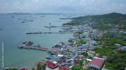 Aerial shot of fishing village at Sichang island is located in the middle of the Gulf of Thailand.