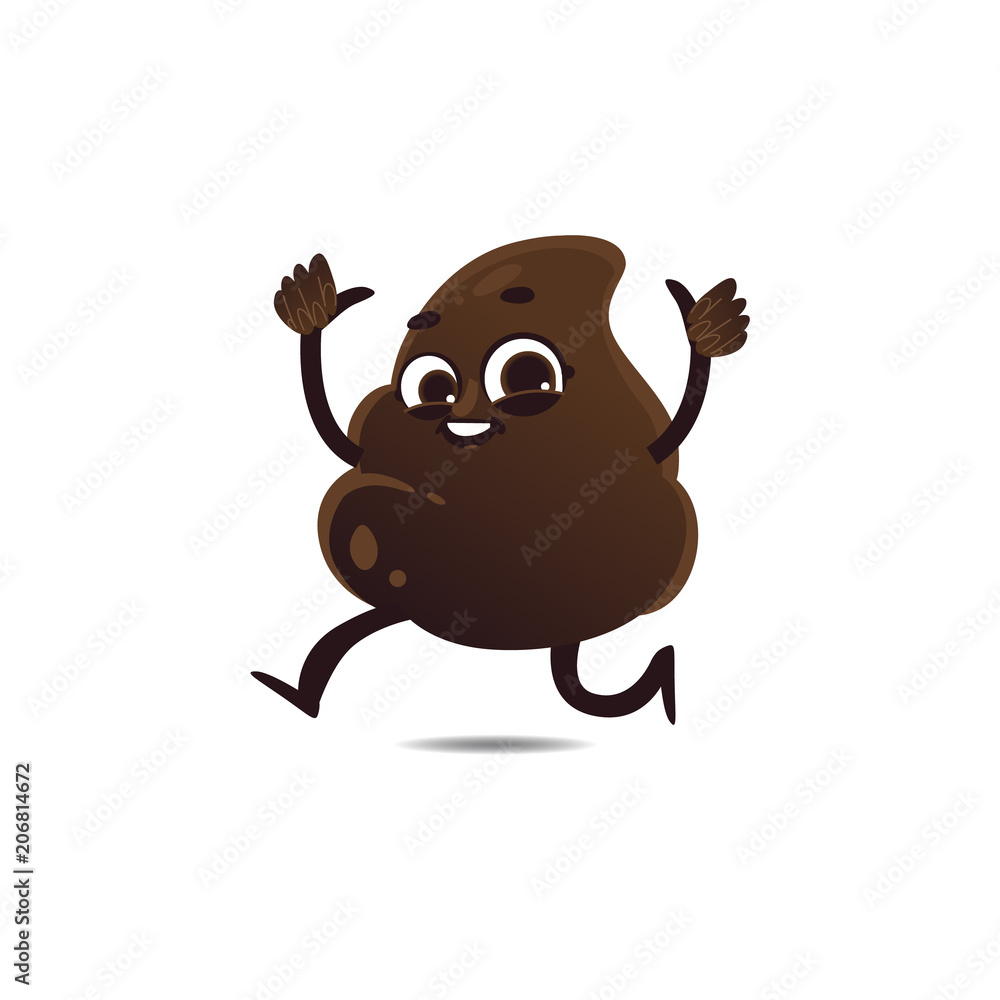 Cheerfu brown poop character with legs and arms running waving hands, thumbs up gesture with happy facial expression. Funny smilling crap shit excrement smiling. Vector cartoon isolated illustration.