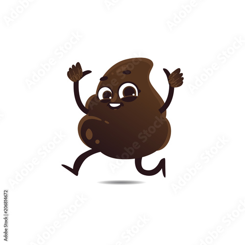 Cheerfu brown poop character with legs and arms running waving hands, thumbs up gesture with happy facial expression. Funny smilling crap shit excrement smiling. Vector cartoon isolated illustration.