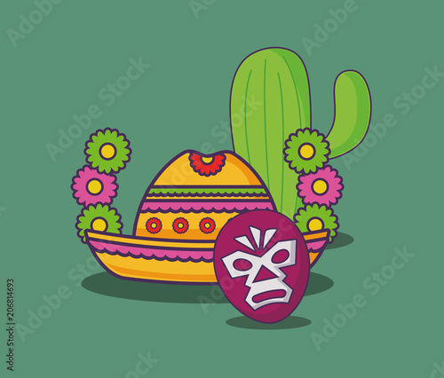 wreath of flowers with Mexican hat and wrestler mask over green background, colorful design. vector illustration