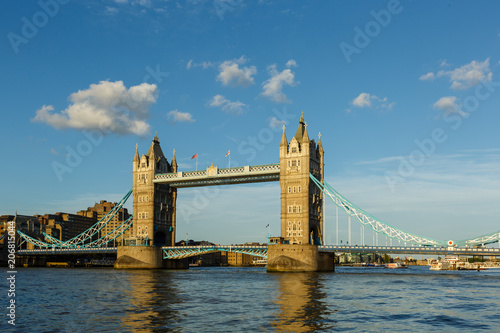 Establishing Shot London Iconic Landmark Tower Bridge. river transport