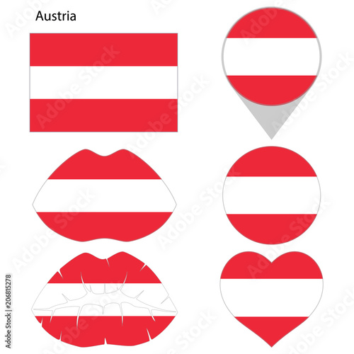 Flag of Austria  set. Correct proportions  lips  imprint of kiss  map pointer  heart  icon. Abstract concept. Vector illustration on white background.