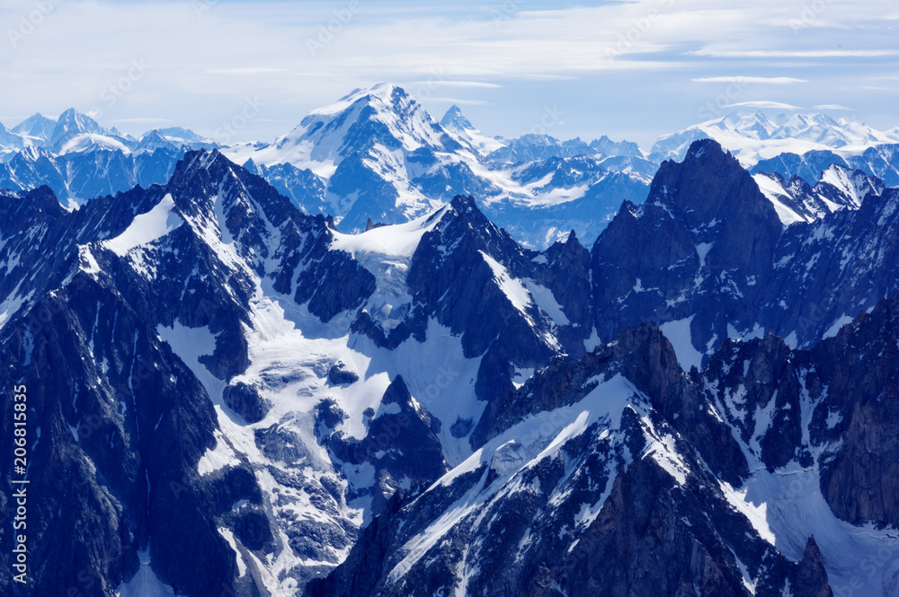 Alpine High Mountains, Glacier and crevasse from Aiguille du Midi in Chamonix France.