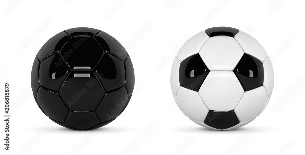 Set of 2 realistic soccer balls or football ball on white background. 3d Style vector Ball isolated on white background. Soccer black and white ball Set of 2 realistic soccer balls or football ball on white background. 3d Style vector Ball isolated on white background. Soccer black and white ball
