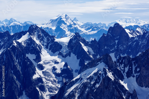 Alpine High Mountains, Glacier and crevasse from Aiguille du Midi in Chamonix France.