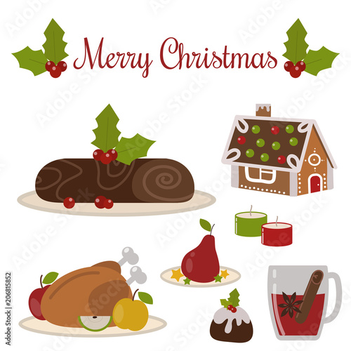 Set of traditional christmas food and desserts holiday decoration xmas sweet celebration dessert vector illustration.