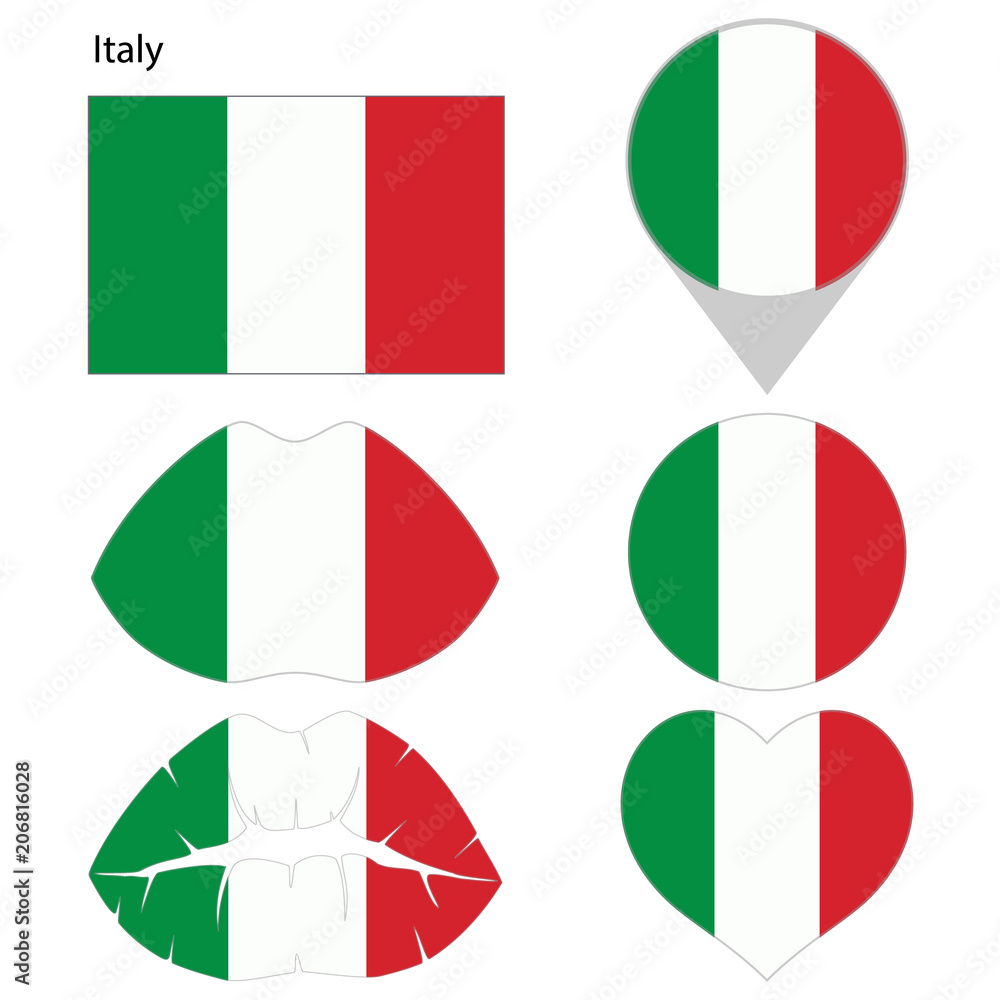 Flag of Italy, set. Correct proportions, lips, imprint of kiss, map pointer, heart, icon. Abstract concept. Vector illustration on white background. Flag of Italy, set. Correct proportions, lips, imprint of kiss, map pointer, heart, icon. Abstract concept. Vector illustration on white background.