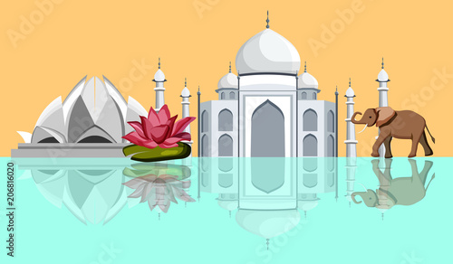 India background with Taj Mahal, Lotus Temple and elephant.