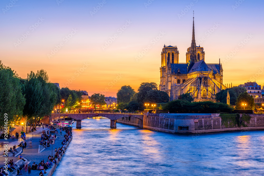 Sunset view of Cathedral Notre Dame de Paris, island Cite and river Seine  in Paris, France Stock Photo | Adobe Stock